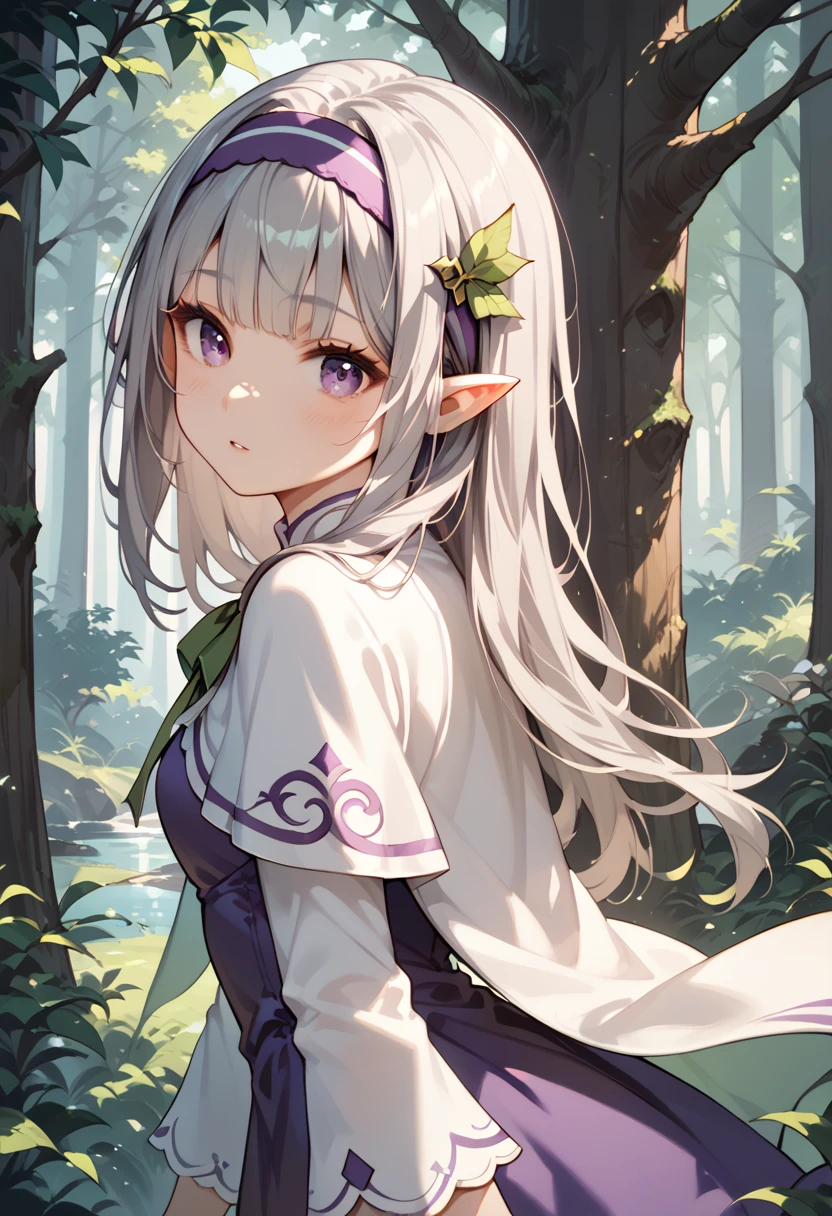  1 girl , forest, behind the tree ,  purple eyes,  headband,  long hair, Grey Hair, pointy ears,  short bang,  white capelet, Purple Dress, Green ribbon,  Long Sleeve ,