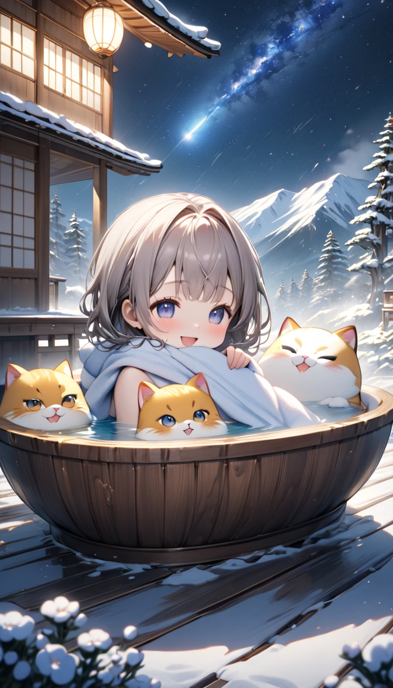 (masterpiece, ultra-detailed, best quality, clear focus, dramatic scene, cinematic), shadow, (ultra-high resolution, 8k), perfect anatomy, perfect face, (detailed face, detailed eye, chibi), (cute Japanese chibi girl:1.3), famous Japanese chibi idol, very beautiful and cute and cool face, (She has a bath towel wrapped around her body:1.2), (medium breasts), She is bathing, (She is sitting in the excellent Japanese wooden bathtub that made of cypress:1.3), the modern open air bath is made of woods with tiles, at night, professional lighting, (Steam rises from the bathtub filled with hot water), the cat looks so happy with her, (detailed giant fat cat is mewing:1.3), she looks so happy, Outside is a snowy, happy smile, (amazing view of snow mountains with milky way), (meteor shower)