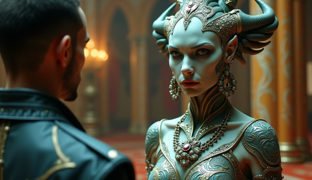 there's a woman and a blue man dressed in costumes side by side, in metal hurlant, very stylized character design, corrected color, djinn blue, naboo, inspired by Michael Whelan, ice queen, maximalist fashion, photo from the movie, the villain incal, still de l'estate, by Thomas Blackshear --auto --s2