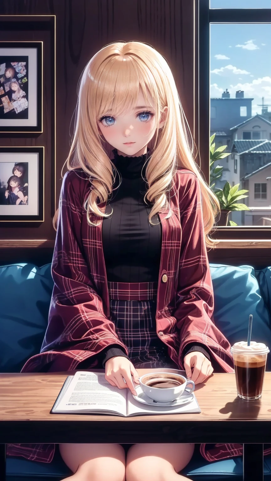 " Detailed illustration of a young girl sting in front of a cozy coffee shop.  she has long blond hair 、  wears a black turtleneck  ,  red skirt  , 、large plaid coat  .  coffee shop behind her  、  warm lighting with visible signs  . the mood is calm peaceful 、  the sky is slightly cloudy  , Should add warmth  , Autumn atmosphere.  and 、 includes city elements such as signs outdoor chairs .  the overall art style is soft  、  semi-realistic  ,  includes anime-style aesthetic elements ."
