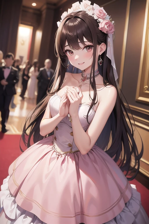 masterpiece、Professional Quality Animation、Thick contour lines、Round Faced Girl、Round eyes、resplendent smile、、Holding a bouquet of flowers in both hands、Ball-like gorgeous dresses、Background Chandelier、Dance hall、Audience Room、Red Carpet、