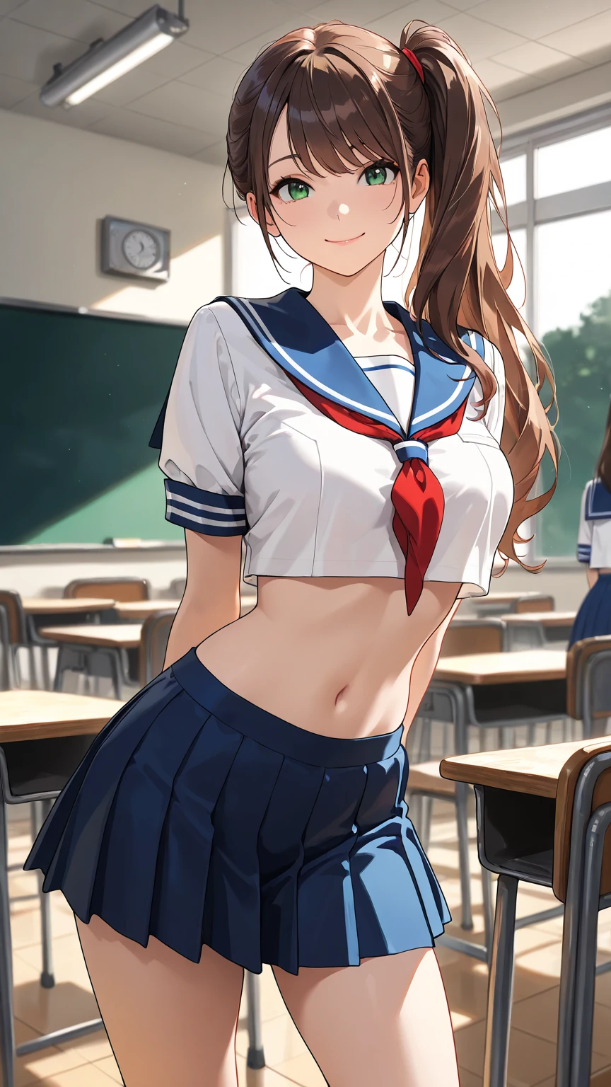 masterpiece, best quality, very aesthetic, ultra realistic, Sharp Focus, high contrast, 1lady, JK, detailed face detailed green eyes, smile, semi-long hair, dark brown silky hair, sliced back hair, side ponytail, contrapposto, hands behind back, navel, Captivating thighs, knee, classroom, (sheer crop top white shirt), sailor suit, pleated skirt, red ribbon tie