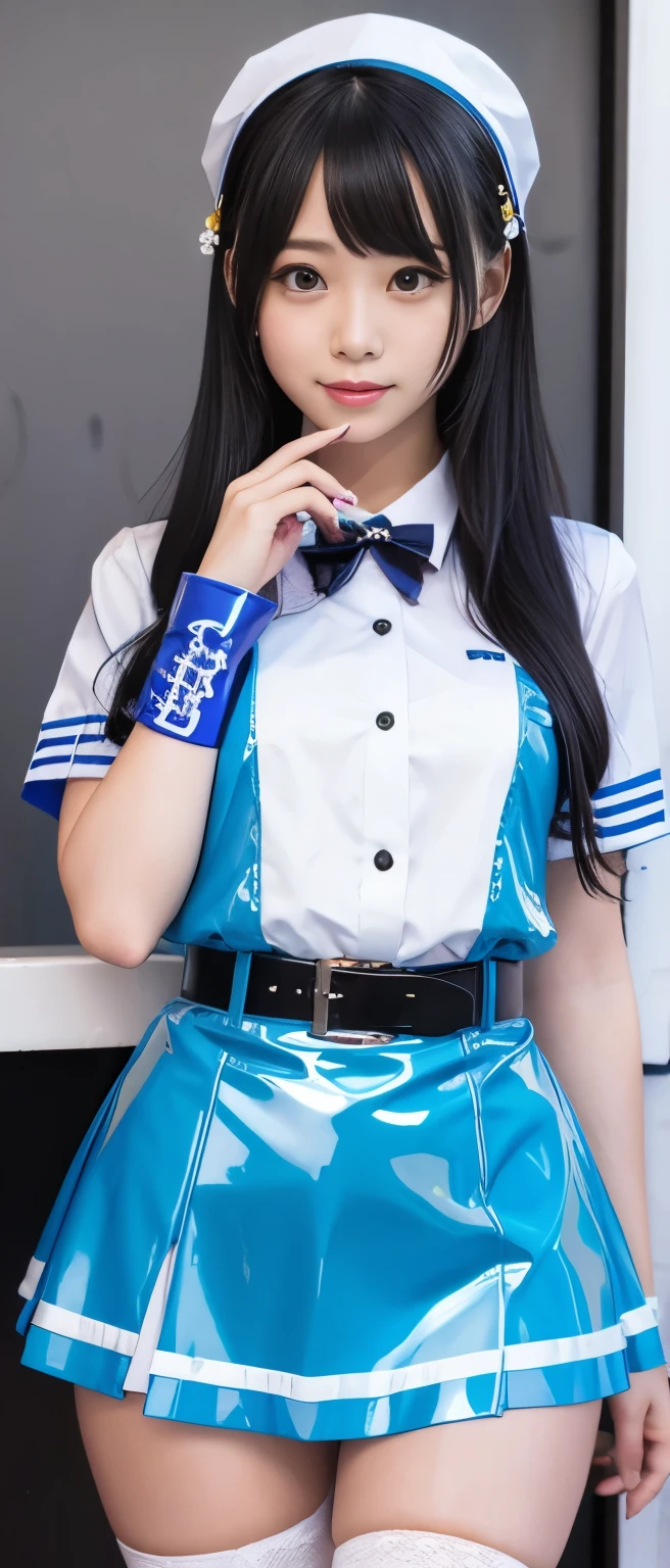 Pure idol girl（ shiny hair）、、Thick legs、、fluorescent blue and white latex waitress uniform、Cool Belt、、、Good style、A pure girl&#39;s face