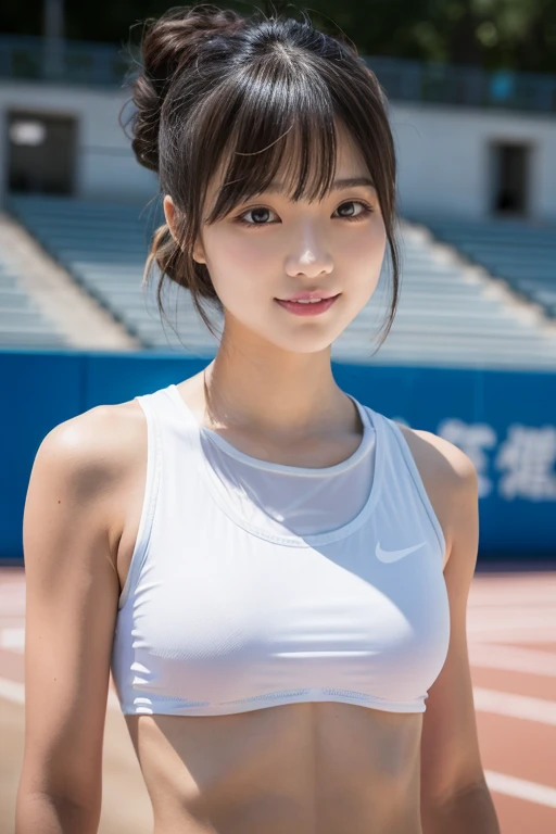 ****************、whole body、(Sports bra、Sportswear)、Small breasts、(smile、Perfect white teeth)、bangs、Long Hair、Hair Ribbon、(Twin tails、Smooth Hair)、Slim body、RAW Photos, (Highest quality、masterpiece、Realistic photo:1.2)、(Realistic:1.4)、Dramatic lighting、Bright lighting、Pastel Color Palette、Super detailed、Realistic skin texture、Beautiful eyes in every detail、Brown eyes、(Detailed Background、Depth of written boundary、Athletics Stadium、Stadium:1.2)、