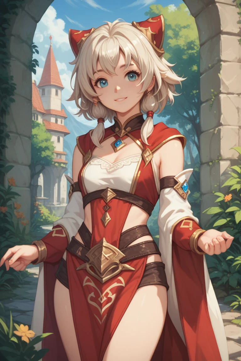 (Masterpiece、high quality、high resolution)、girl、Elf、chest、Thighs、Fantasy、Ancient City、rock、Dragon、Beautiful Face、Beautiful body