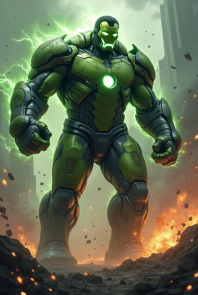 "Design a monstrous hybrid entity that seamlessly combines the features of Hulk and Iron Man into a single, fearsome being. The hybrid has the hulking, muscular physique of Hulk, covered in a jagged, battle-worn Iron Man-like armor that glows ominously with streaks of green energy pulsing through its plates. Its face is a terrifying fusion of Hulk's rage-filled expression and Iron Man's armored helmet, with glowing eyes and a mechanical snarl. The creature’s hands are massive, with one hand clenched into a fist and the other emanating a glowing repulsor charge. The background depicts a cataclysmic wasteland of destruction, with crumbling skyscrapers, molten debris, and swirling storms illuminated by flashes of lightning, reflecting the hybrid’s dangerous and apocalyptic presence."