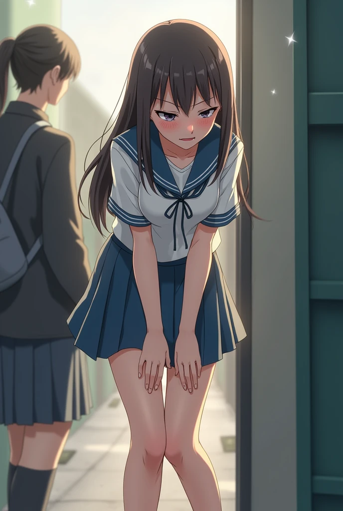 ((masterpiece)), (best quality),
1girl, school uniform, collared white shirt, black hair, bows in hair, brown eyes,
have to pee, looking at viewer, (hand between legs:1.0), embarrassed, full-face blush, (kneeling:1.2), closed mouth, sweat, (knees together feet apart:1.2), school hallway, crowd, people, surrounded, <lora:have_to_pee-v1:0.7>