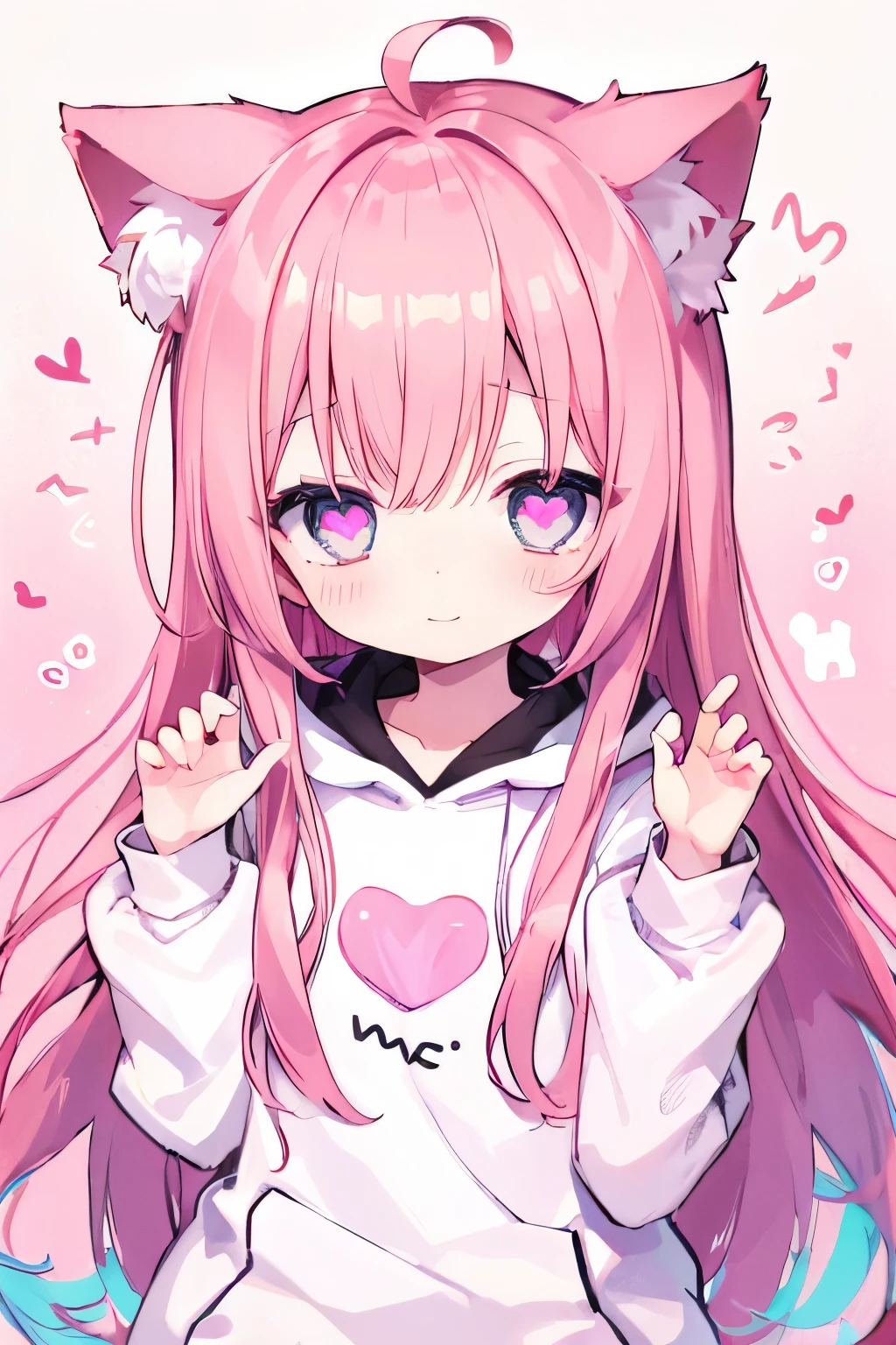  anime style, cute girl, ( heart shaped eyes:1.5), smile, Pink Hair,  long hair, Claw Pose, cat ears,  white hoodie ,  messy room、 small breasts、 wear a collar 、cat ears、(((((  ))))))、heart❤、((sweat、vapor)）,cat ears