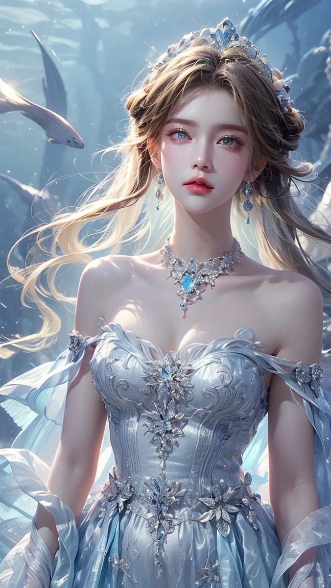 Best quality, masterpiece, high resolution, 1girl, clear silk porcelain dress, beautiful face, hair accessories, looking at the audience, smiling, close your mouth, lips, dress, hair accessories, necklaces, jewelry, long hair, earrings, beautiful face, on the body, Tindal effect, realism, dark studio, edge lighting, two-tone lighting, (high detail skin: 1.2), 8k UHD, DSLR, soft light, high quality, volumetric lighting, photo, high resolution 4K, 8k, blurred background