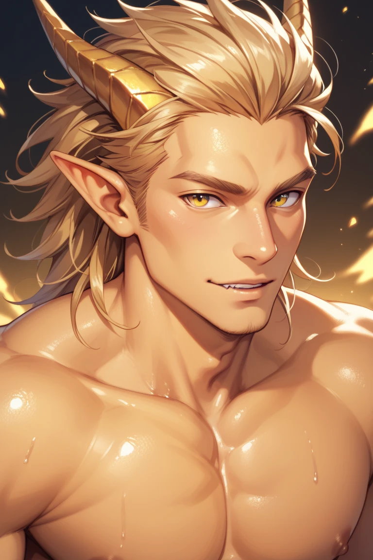 (masterpiece, best quality, highres, absurdres), 1boy, platinium blonde hair, long hair, yellow eyes, pointy ears, head wreath, golden necklace, armlet, white tank top, black short shorts, dynamic poses, looking at the viewer, smile, <lora:add_detail:0.3>, <lora:borealis:0.6:INALL>