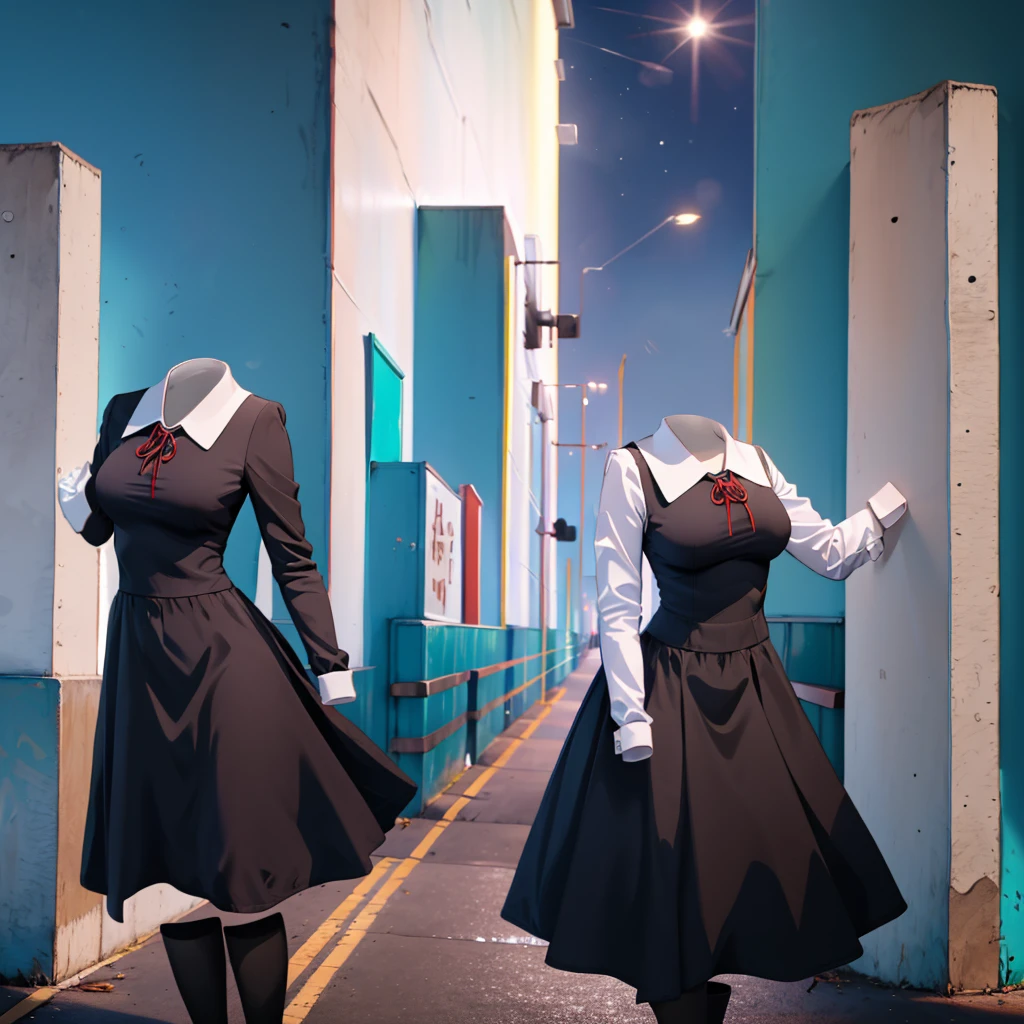 (invisible, no humans, headless, handless, faceless:1.5), masterpiece, best quality, highres, chika1, fujiwara chika, school uniform, black bow, black dress, red ribbon, long sleeves, blunt bangs, neck ribbon, collared dress,cowboy shot, standing, in Night city, (close-up to breasts)