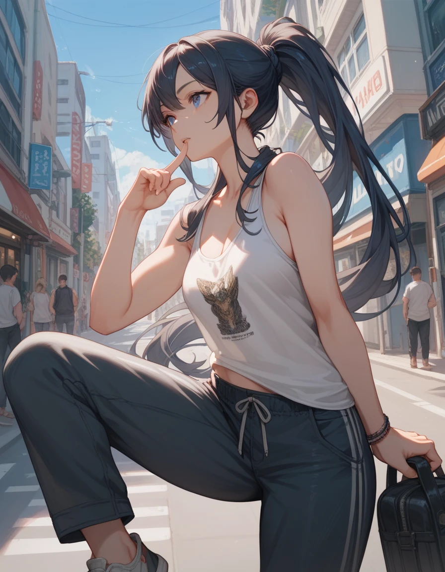 ((anime style, detailed finger)), 1 woman, dynamic angle, street, loose sleeveless shirts, navy hair, long ponytail hairstyle, knee length pants, pumps