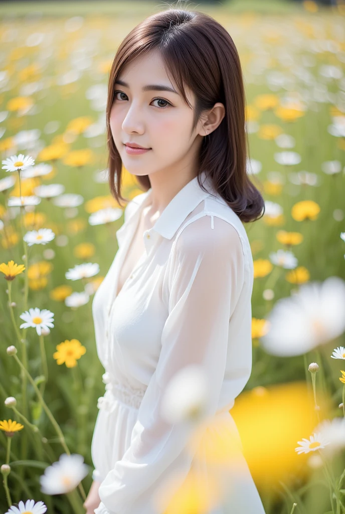 ((Best Quality, 8K, Masterpiece: 1.3)), Focus: 1.2, (Cinema Filter: 1.3), ((Layered Haircut: 1.2)), , (In the Flower Field: 1.3), Realistic Face and Skin Texture, Full Body, Detailed Eyes, Double Eyelids, Long Hair, (Round Face: 1.5), (Short White Skirt: 1.6), Show Legs, Sitting on Lawn, Yay gestures