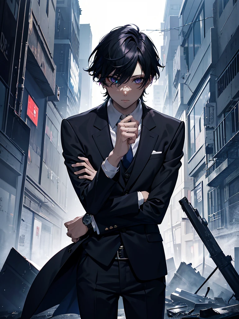masterpiece,best quality,(1man:1.3), 25 years old,short hair,colored tips,curly hair,colored glasses,earings,gun,tie,topless,corset,mafia style,handcuffs,wrap coat,street,Close-up,from above,(dutch angle, fisheye),lens flare,depth of field <lora:gachaSplashLORA_v40:0.2>