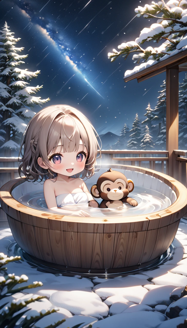 (masterpiece, ultra-detailed, best quality, clear focus, dramatic scene, cinematic), shadow, (ultra-high resolution, 8k), perfect anatomy, perfect face, (detailed face, detailed eye, chibi), (cute Japanese chibi girl:1.3), famous Japanese chibi idol, very beautiful and cute and cool face, (She has a bath towel wrapped around her body:1.2), (medium breasts), She is bathing, (She is sitting in the excellent Japanese wooden bathtub that made of cypress with a cute monkey:1.3), the modern open air bath is made of woods with tiles, at night, professional lighting, (Steam rises from the bathtub filled with hot water), (Hot water overflowing from the bathtub), the monkey looks so happy with her, (detailed cute monkey:1.3), she looks so happy, Outside is a snowy, happy smile, (amazing view of snow mountains with milky way), (meteor shower)