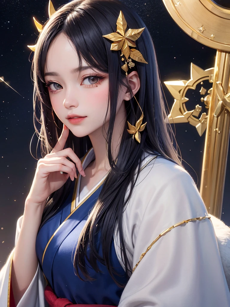 best quality, masterpiece, highres, 1girl,blush,(seductive smile:0.8),star-shaped pupils,china hanfu,hair ornament,necklace, jewelry,Beautiful face,upon_body, tyndall effect,photorealistic, dark studio, rim lighting, two tone lighting,(high detailed skin:1.2), 8k uhd, dslr, soft lighting, high quality, volumetric lighting, candid, Photograph, high resolution, 4k, 8k, Bokeh