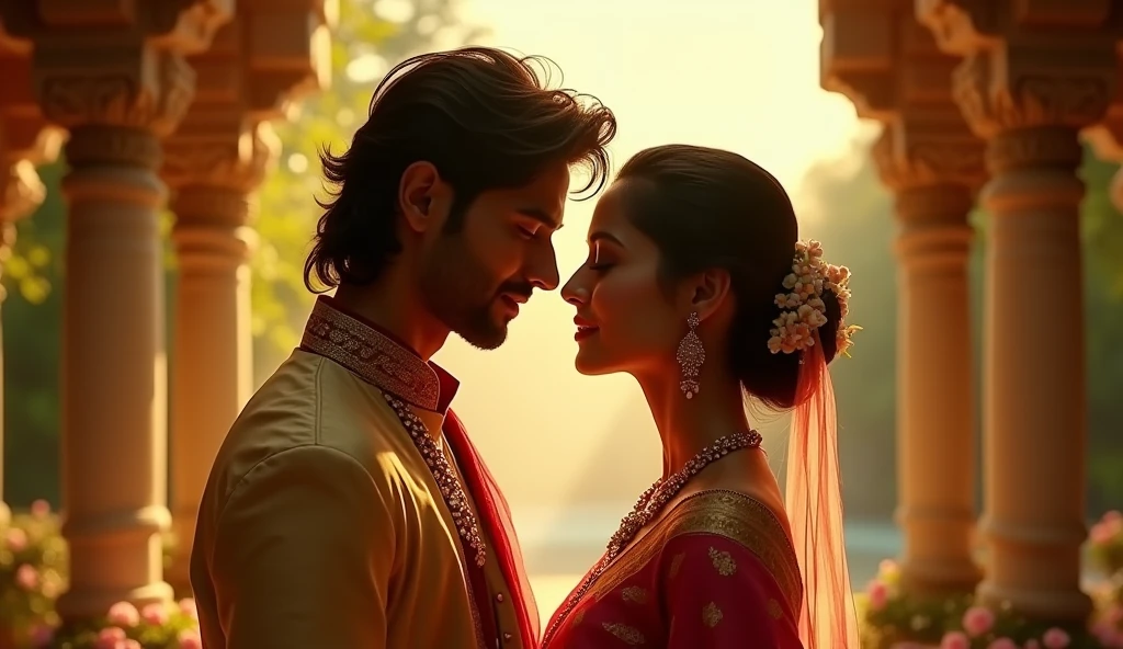 Newlyweds, clad in matrimonial bliss, lock lips tenderly on a sumptuous bed draped in silken sheets. The newly-crowned bride, resplendent in a radiant lehenga, casts a loving gaze into her spouse's soulful eyes, their heartfelt connection immortalized in this exquisite, timeless moment. (Masterpiece: 1.5), (Super detailed: 1.2), (Timeless: 1.1), (Radiant: 1.4), (Silken: 1.6), (Resplendent: 1.7), (Heartfelt: 1.8), (Mat