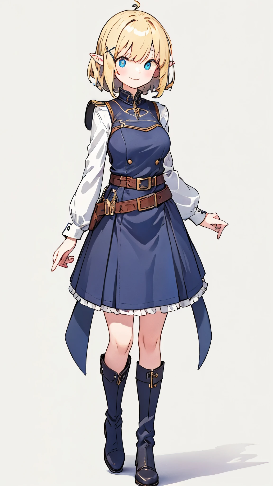 masterpiece,  top quality,((Full body image of a tall elf woman , slender , standing with chest stretched)),Crisp, saggy eyes,Perfect dark blue eyes ,  blonde short hair,Ahoge,(Big Breasts),(((Attach a thick hairpin to the bangs in the shape of an X))), Black Thigh-High Boots ,((dark blue gothic military uniform, Navy Blue Ruffle Skirt)),((((no background)))), thin eyebrows, white skin, looking here,Cheerful smile, Thick belt around the waist, I don't have anything in my hands 