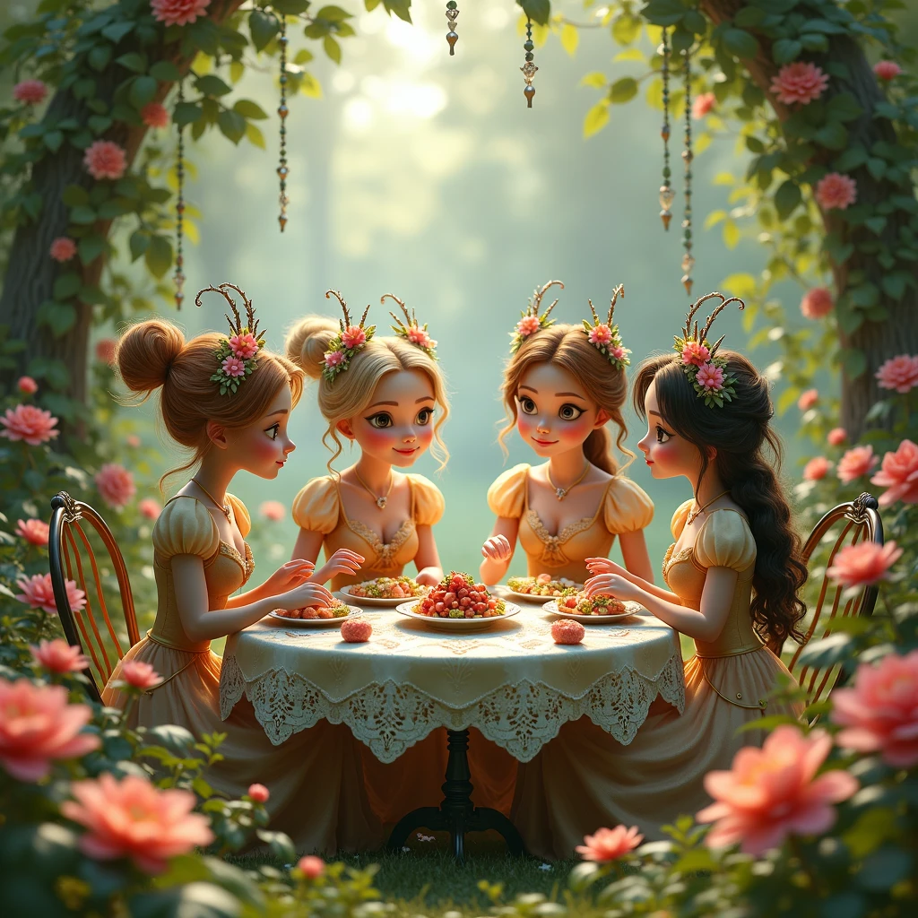 Victorian tea party inside a sunroom with plants, celebrated between different adult elves, one of them with red hair, the others with brown hair, blonde and platinum.