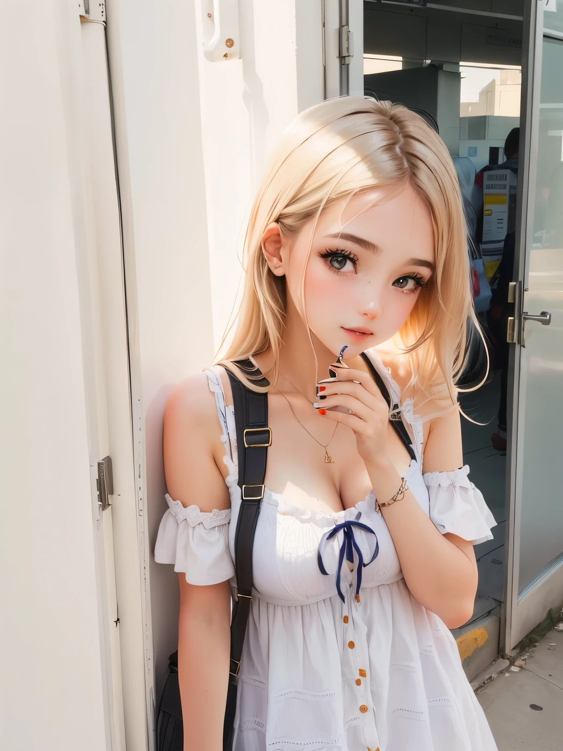 ((cowboy shot)), Shot from a random perspective, 22-year-old Asian model, slim, Slimming the waist, curlies, White thin silk fabric lace petticoat, cropped shoulders, warm lights, Warm tones Slender legs, Cross ed leg, In the park, Sit Pose, sitting on a bench, blonde hair, streaked hair, hair ornament, heart-shaped pupils, makeup, light smile, shy, licking lips, Romanticism, Social realism, chiaroscuro, motion blur, anaglyph, Sony FE GM, UHD, masterpiece, textured skin, super detail, best quality