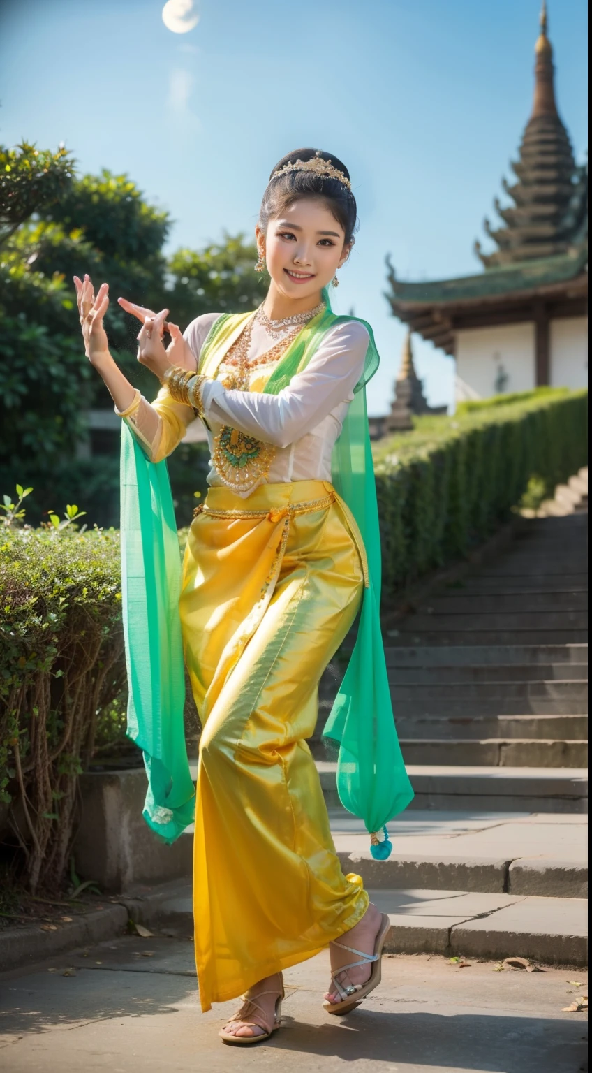 Create a vibrant and intricate
depiction of a mythical dance
performance featuring a celestial figure playing a Burmese harp-like instrument and another figure
gracefully dancing.The scene is rich with swirling patterns, vivid tropical flora, and an
underwater-inspired color palette of blues, greens, and golds. The characters are adorned in ornate,flowing garments with detailed
traditional motifs, radiating an aura
of mysticism and harmony.'
Moonlit landscape，The goddess in costume dressed in Bagan costume is unique。Her gorgeous costumes sparkle，The skirt swayed in the breeze，It looks elegant and dynamic。There was a playful look in her eyes，It is as if you are at one with this tranquil nature。

The costume goddess wears a pair of fashionable heels under her feeeems to be incompatible with her elegant temperament，But it invisibly adds a touch of mystery and sexiness。。Her feet were on the bluestone slab，It's like Burmese dancing on the ground，Grace at every step。

In the moonlight，The landscape is even more hazy and wonderful。Myanmar traditional dance, Her figure danced in the moonlight，Fairy beauty。Her demeanor is playful and cute，It makes people want to get closer，Discover her inner secrets。

At this moment，Everything around seemed to be gone，Only this goddess in ancient Burmese costume and this beautiful landscape painting remain。She smiled，sport，All full of poetry，It's intoxicating，Can't extricate yourself。