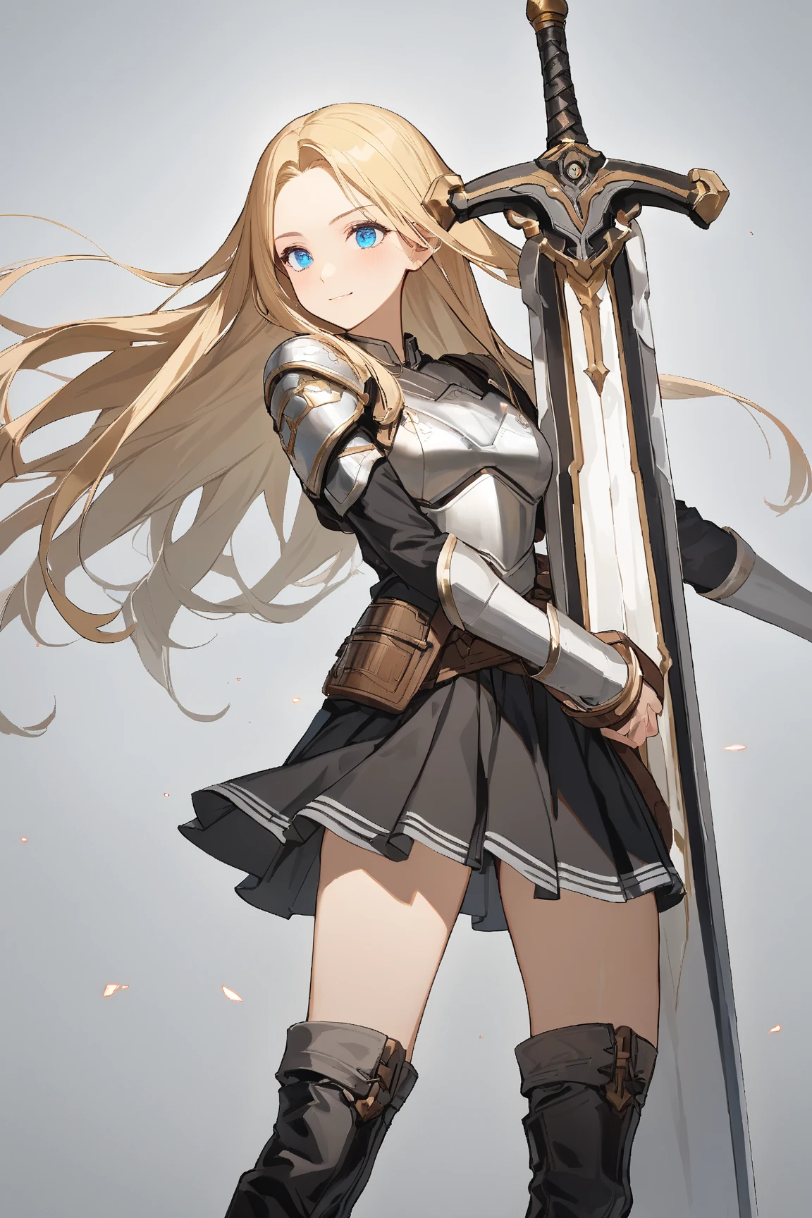 (gray background:1.3), No wind, character sprite, Break, 
1 girl, (cute face), elegant, Confident Look, light smile, 19 years old, Tall, 170 cm tall,, Standing, feet out of frame, blonde long hair, hime cut, blue eyes, (medium breasts:1.2), slim, white elegant Battle dress, short length skirt, tight breastplate, thigh boots, Great Sword,,(porcelain skin), Break, 
(gray background:1.3), No wind, high fantasy, game cg, absurdres,  highres icon, ultra detailed, beautiful, masterpiece, best quality,