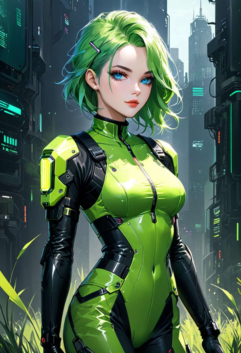 Pop Culture Art,NSFW,Manga,Cyborg Woman to NSFW,erotic posing,fantrome,Hentai,kawaii,Stylish,,busty,Glamour,green tone,Psychedelic Costume,Armored,Cyberpunk dystopian girl,Fantastic Dystopia,Dystopian landscape,bladerunner,Ghost in the Shell,Photorealistic,Psychedelic and colorful tones,Posing,Armed,guns,masutepiece,ultimate detailed,8K,Detailed background,Dynamic Angle
