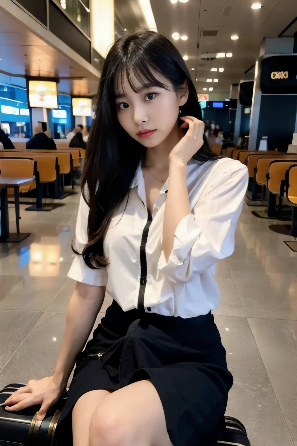  A beautiful young woman sitting in an airport or hotel room ,  x} Staring straight at the camera with a worried expression .  Her right elbow is placed on the table in front of her ,  makes her hands naturally touch her temples and cheeks .  Her posture is relaxed but worried .  foreign banknotes and passports around her 、 travel items such as suitcases are placed 。.  Confusion and anxiety are mixed in the woman's eyes ,  grabs viewers' attention.  The lighting is soft yet dramatic ,  emphasizes her facial features 、It creates a sense of urgency .  This scene depicts the stress of dealing with unfamiliar money laws while traveling abroad,  A woman's straight gaze draws the viewer into her predicament ,  miniskirt, Erection under clothes