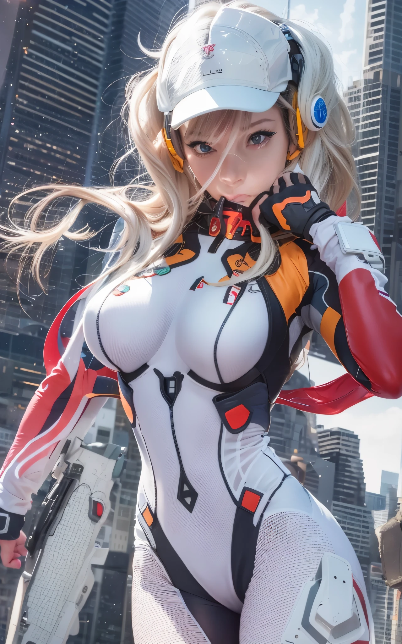 ((Best Quality)), ((masutepiece)), (Detailed: 1.4), (Absurd), Caucasian female fighter pilot ready for war, front walking, muscular sculptural body defined, Closed mouth, muscular body covered by technological clothing, Neon Genesis Evangelion Suit, Cyberpunk, generous neckline, ((perfect large breasts)), (blue eyes without pupils), long manga-style eyelashes, close to real, Crazy face, Sexy Pose, Centered, scale to fit the dimensions, nffsw (High dynamic range),Ray tracing,Hyper-Resolution,Unreal 5,Subsurface Dispersion, PBR Texture, Post-processing, Anisotropy Filtering, depth of fields, Maximum clarity and sharpness, Multilayer textures, Surface Shading, accurate simulation of light and material interactions, Perfect proportions, thirds rule, top-quality, in 8K, ultra-detailliert, Being on the roof of a skyscraper, Smooth bodysuit, spiffy white zero suit
