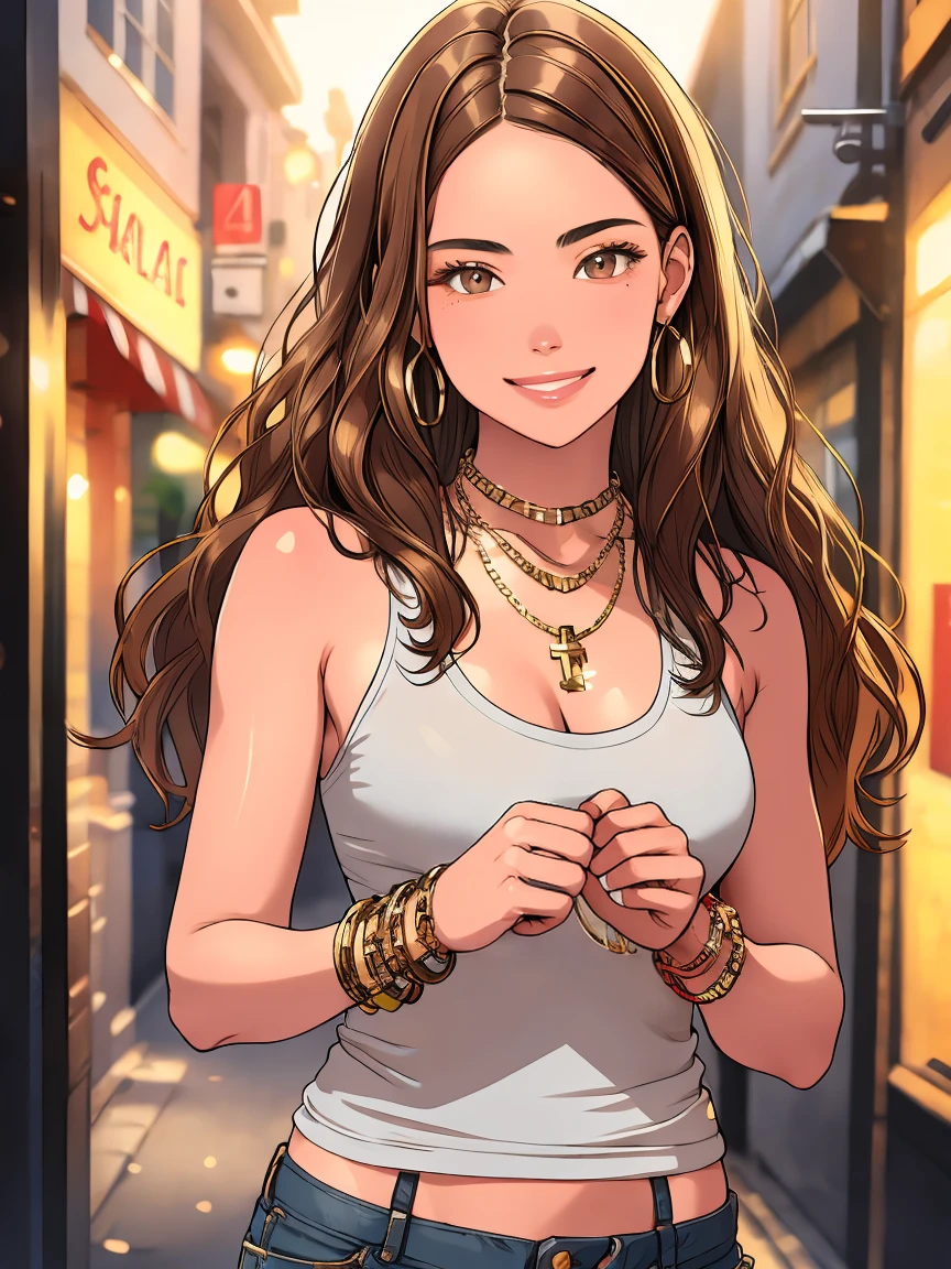 (masterpiece, best quality, ultra-detailed, highres, 4k),(beautiful detailed eyes),(very detailed face),(1girl),HDR,long hair, shorts, phone, brown eyes, brown hair, cellphone, bracelet, tank top, jewelry, watch, lips, solo focus, nail polish, blurry background, smile, wristwatch, realistic, blurry, looking at viewer