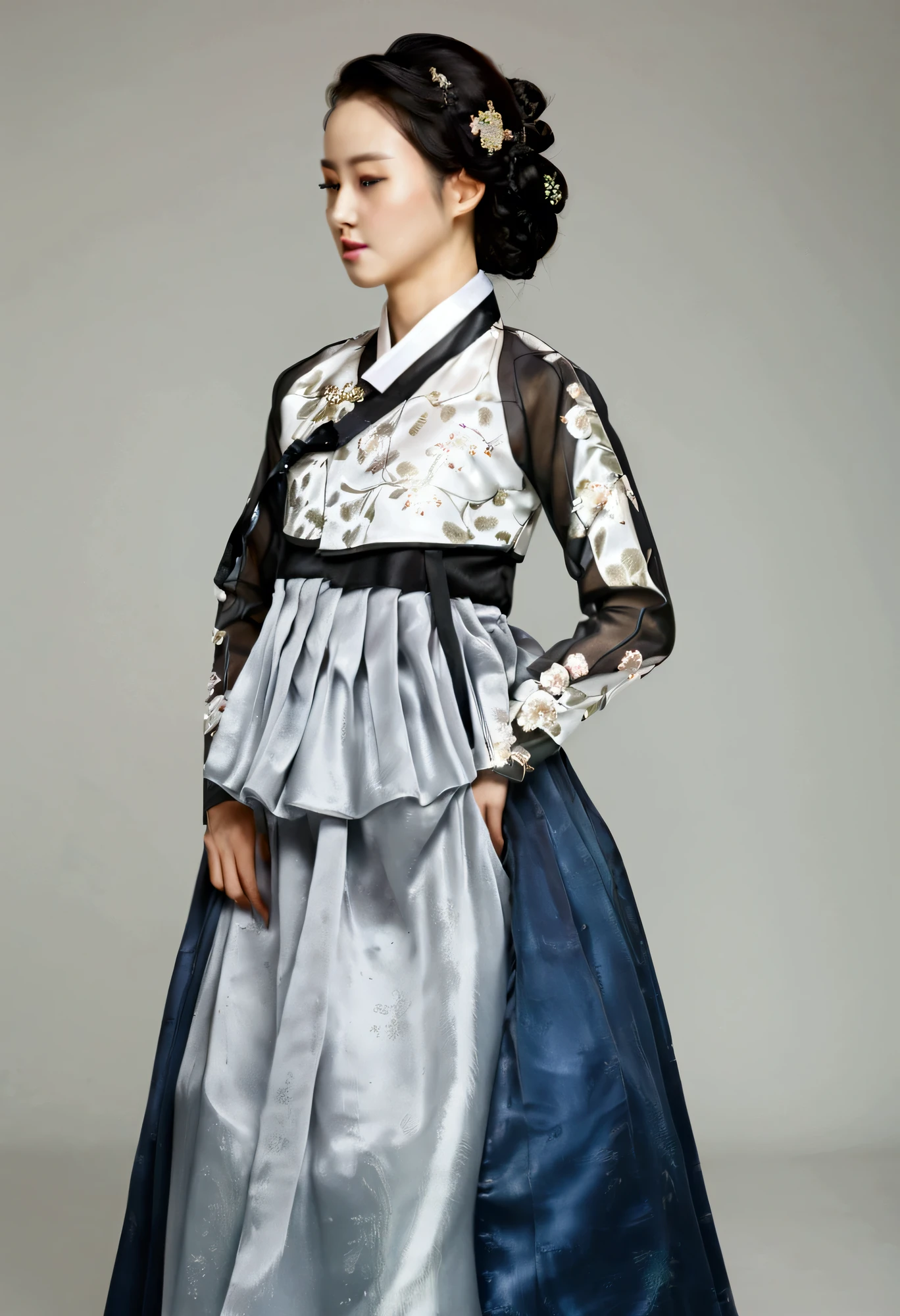 A Korean man in women's hanbok, hi is crossdresser, His face and hairstyle are very masculine, silk, Mother of the Bride hanbok Dress Outfit, breasts like a woman, white, slender female body, sexy see-through jacket, satin, little side view, full body shot