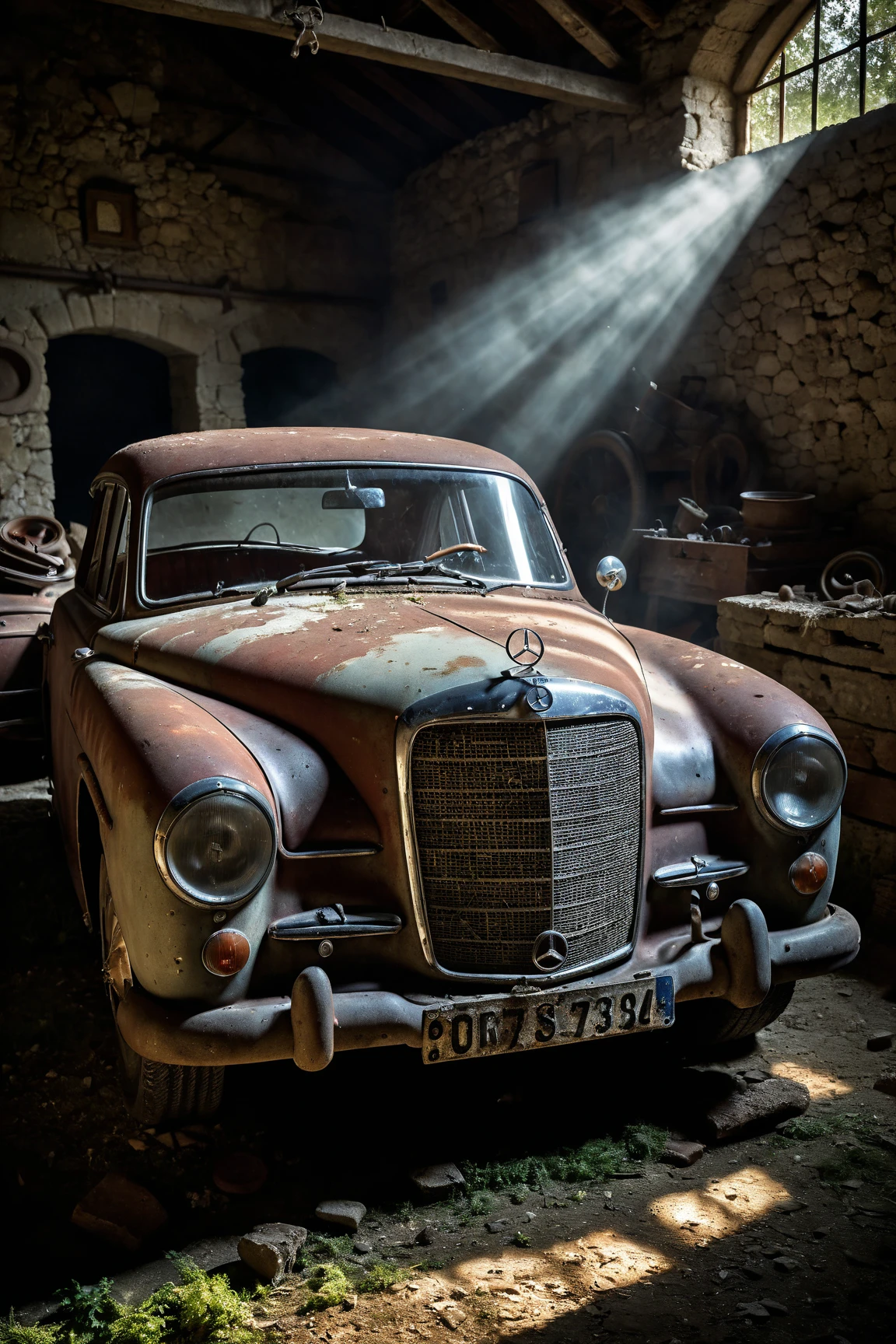 photographic art, Mercedes 180 barn find, exceptionally detailed(dramatic) lighting, (sensational) haze, stark romanticized documentary portrait of a historical sports car, tuscan-style dilapidated stone barn in the italian countryside, well proportioned, photographydetailxl