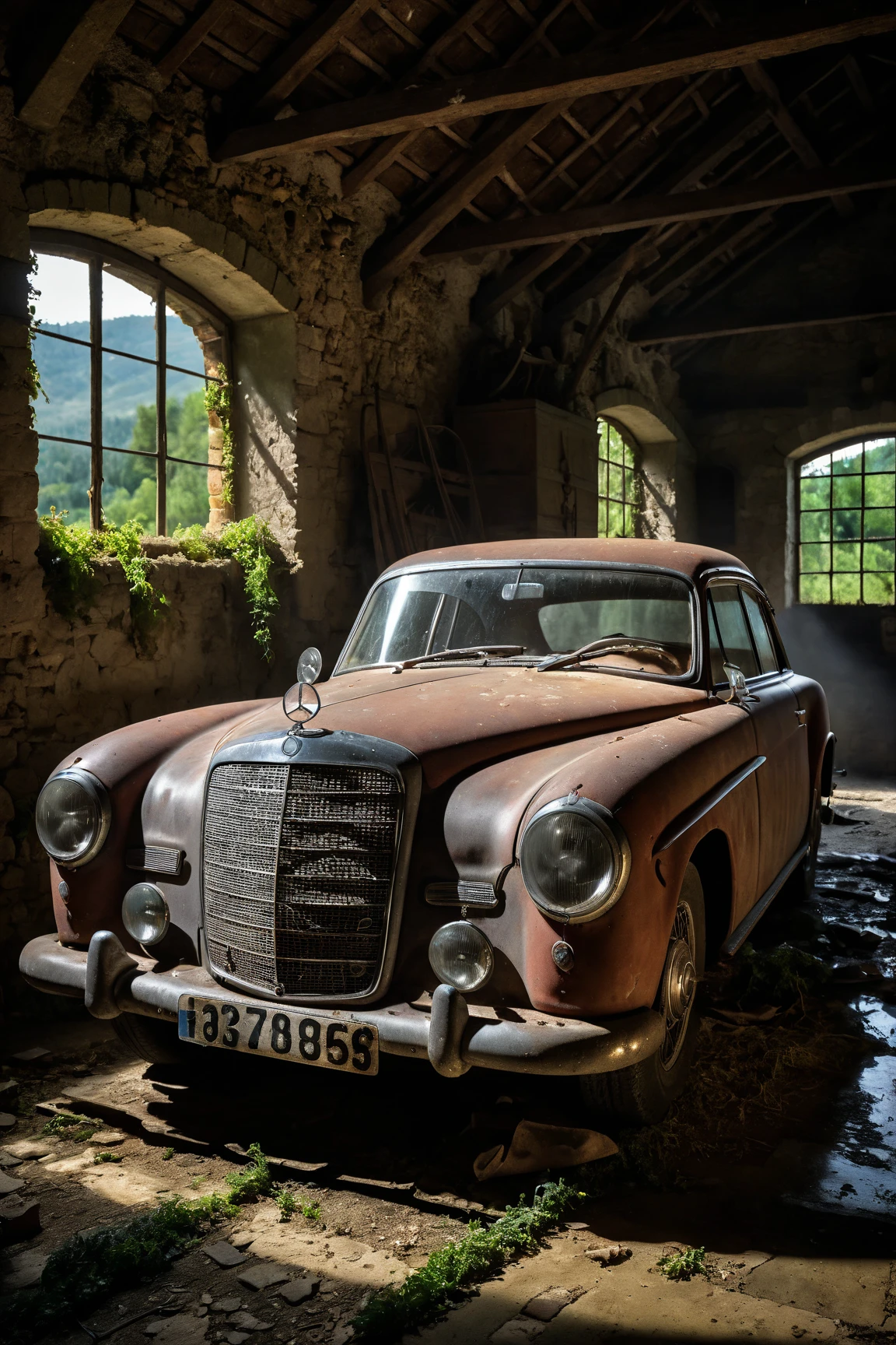 photographic art, Mercedes 180 barn find, exceptionally detailed(dramatic) lighting, (sensational) haze, stark romanticized documentary portrait of a historical sports car, tuscan-style dilapidated stone barn in the italian countryside, well proportioned, photographydetailxl