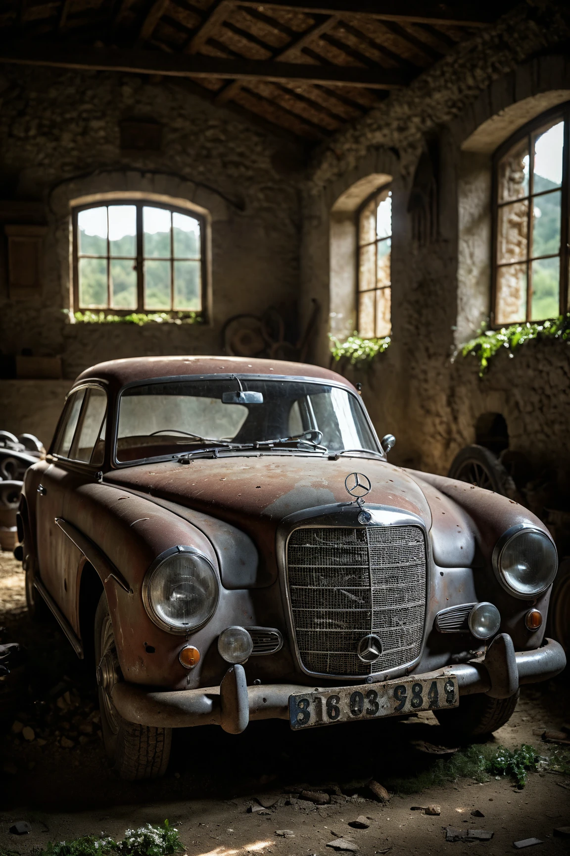 photographic art, Mercedes 180 barn find, exceptionally detailed(dramatic) lighting, (sensational) haze, stark romanticized documentary portrait of a historical sports car, tuscan-style dilapidated stone barn in the italian countryside, well proportioned, photographydetailxl