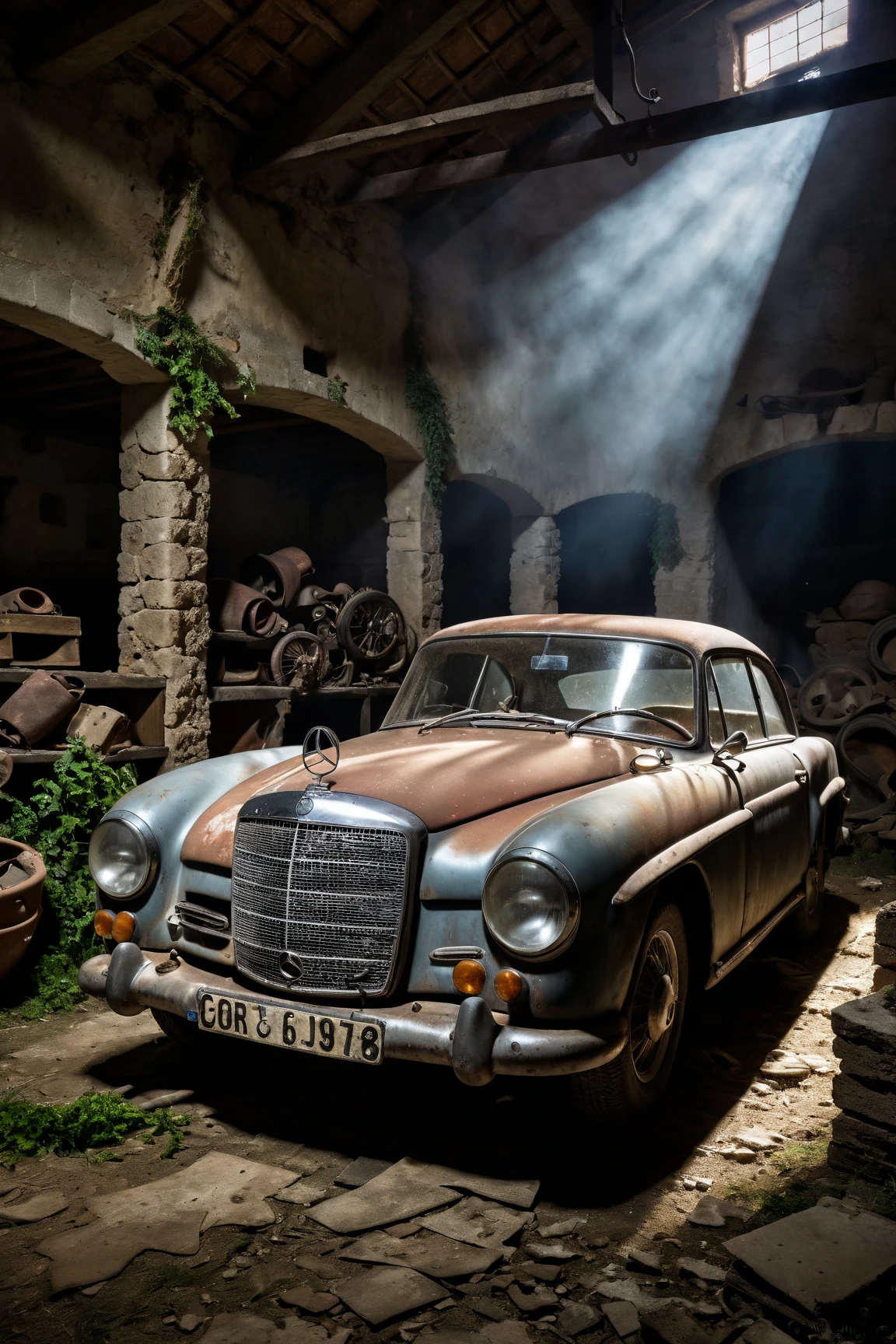 photographic art, Mercedes 180 barn find, exceptionally detailed(dramatic) lighting, (sensational) haze, stark romanticized documentary portrait of a historical sports car, tuscan-style dilapidated stone barn in the italian countryside, well proportioned, photographydetailxl