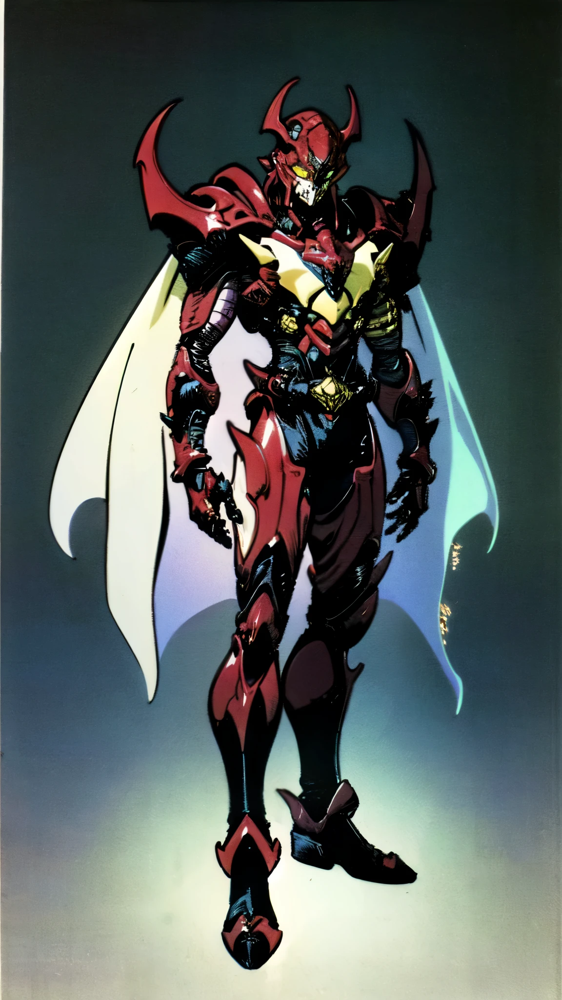 (masterpiece:1.5, best quality:1.5, extremely delicate:1.5), ((male:1.5)), a man wearing a full-face helmet, high-tech biomimetic armored combat suit, (a composite layered chest armor), the design balances heavy with agility, fully enclosed shoulder guards, matching arm and leg guards, a belt of gemstone, (the color scheme is primarily Red with Purple and Yellow accents, Organic Biotech, Concept Inspired by Vampire, glowing eyes, armor glows, huge cloak like devil wings, blood), stand of a futuristic sci-fi city, this character embodies a finely crafted fantasy-style armored hero in anime style, exquisite and mature art style, metallic, high definition, highres, ultra-detailed, ultra-fine painting, professional, perfect body proportions, golden ratio, anatomically correct, symmetrical face, extremely detailed eyes and face, high quality eyes, creativity, RAW photo, UHD, 32k, Natural light, cinematic lighting, (masterpiece-anatomy-perfect:1.2)