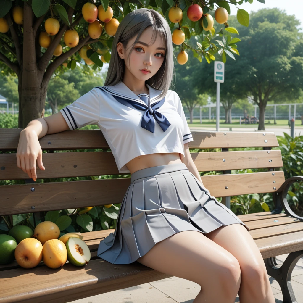 18yo East Javanese-Vietnamese woman, white school uniform, (short tight gray skirt:1.5), (sitting on a long bench in the front yard of the school with a mango tree in the background:1.17), (sitting with her legs crossed and her thighs slightly apart:0.77), (shot from the front:1.23)