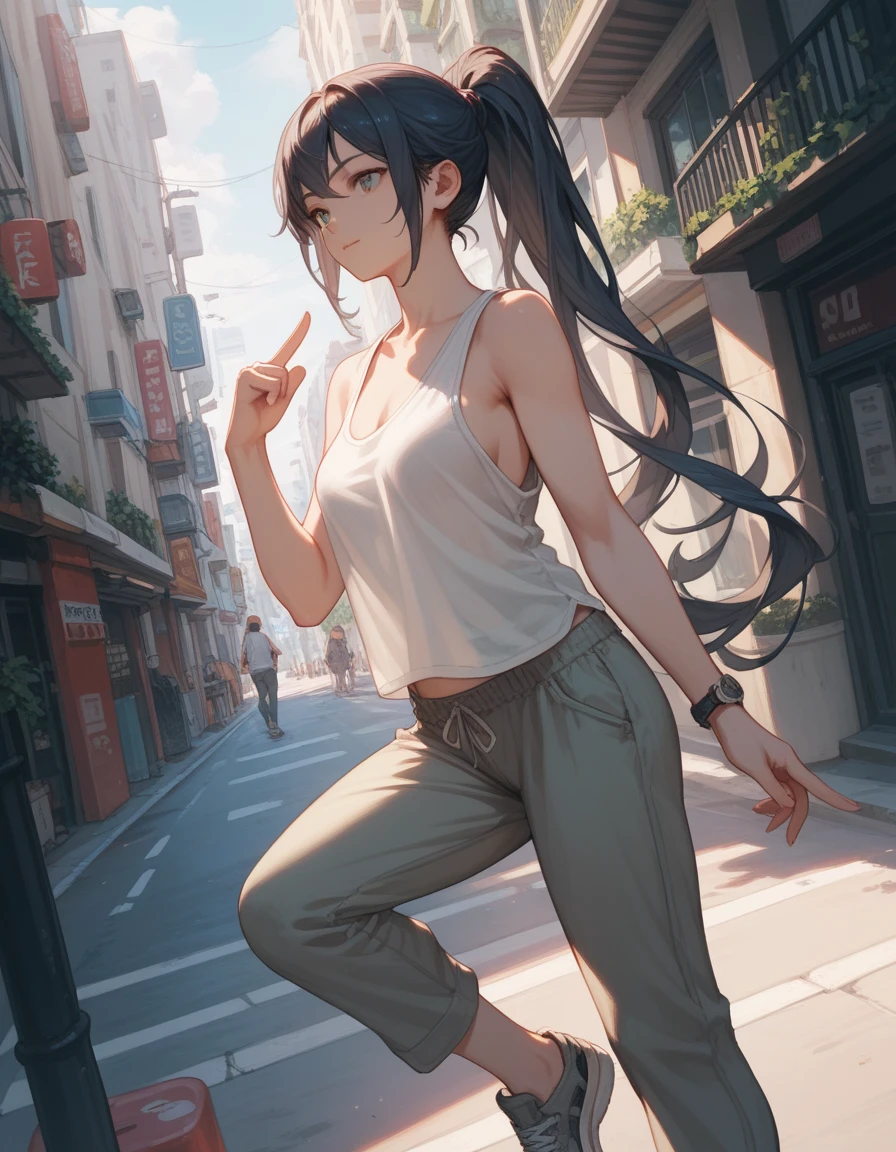 ((anime style, detailed finger)), 1 woman, dynamic angle, street, loose sleeveless shirts, navy hair, long ponytail hairstyle, knee length pants, ((pumps))