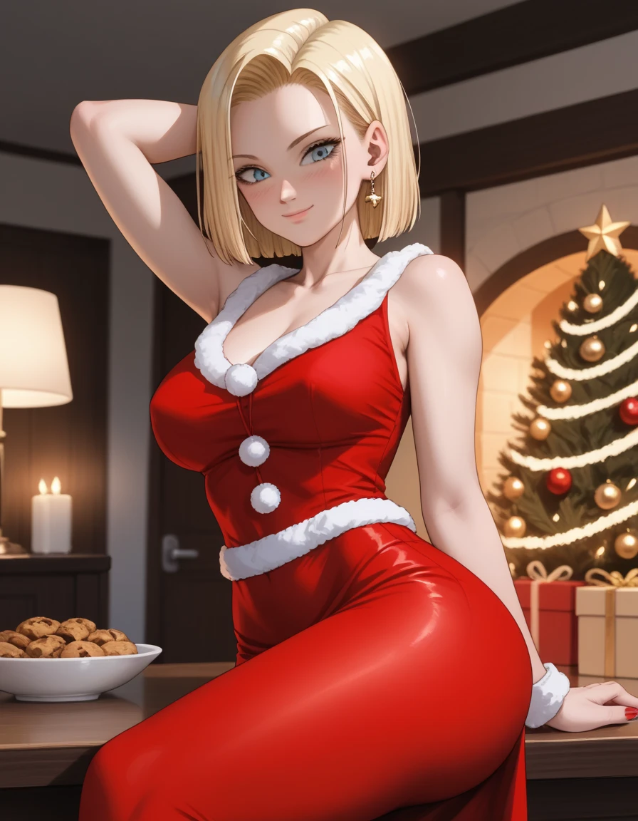 sysdeep_android18, photorealistic, detailed coloring, anime style, detailed high quality, chromatic aberrations, ultra detailed quality skin, detailed ray tracing lighting,, masterpiece、 best quality、masterpiece, high definition , 8K quality, perfect face, solo, 1 girl, beautiful face, beautiful detailed eyes, Alone, cute face、nose blush, red cheek, large butt, looking at viewer, wearing a smug expression, looking down, (from below), cleavage, closed mouth, standing, hair slicked back, collarbone, Staring at the viewer, (Christmas costume, Cheongsam, mini skirt,), ass line, sitting on table, crossed legs, arm behind head, sexy pose, sensual expression, sensual pose, blurry background, covered nipples, festive decorations, twinkling lights, decorated Christmas tree, cozy indoor setting, warm color tones,