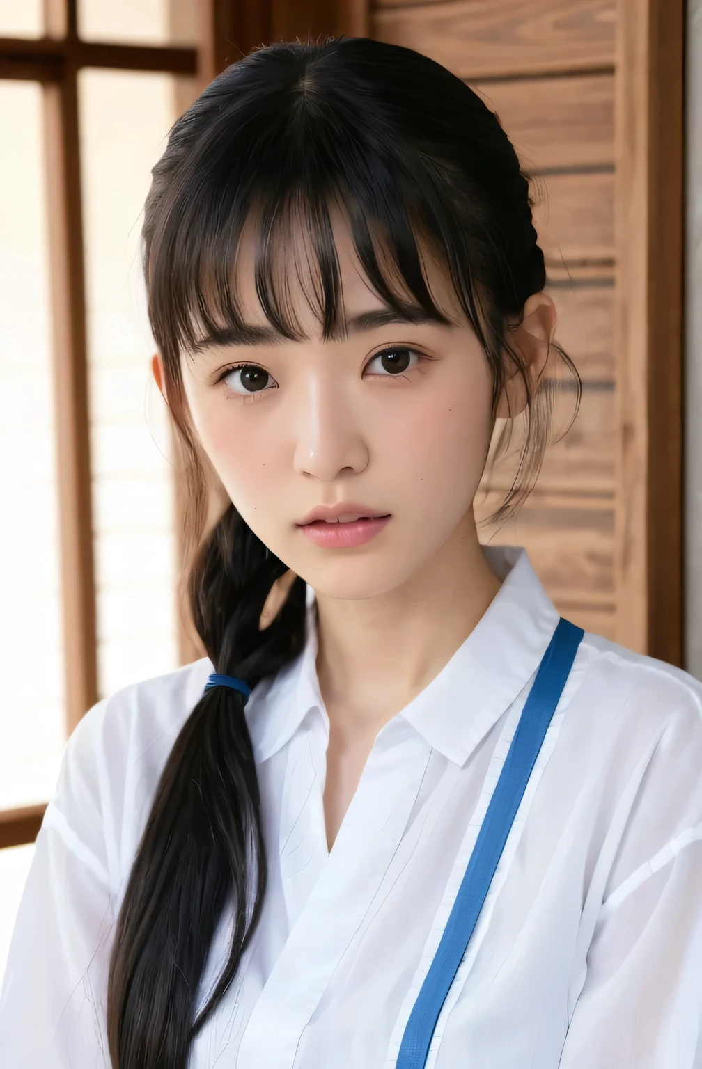 (( top quality, 8k, )), Beauty,  1 Japanese girl ,  black hair , 18 years old, Modest Bang,  no makeup、 white shirt、 low ponytail, Blue Scrunchie、 face focus, nervous、 detailed face ,  I don't see high definition lips,  beautiful eyes,  double eyelids, Sweaty skin: 1.2,  cowboy shot、