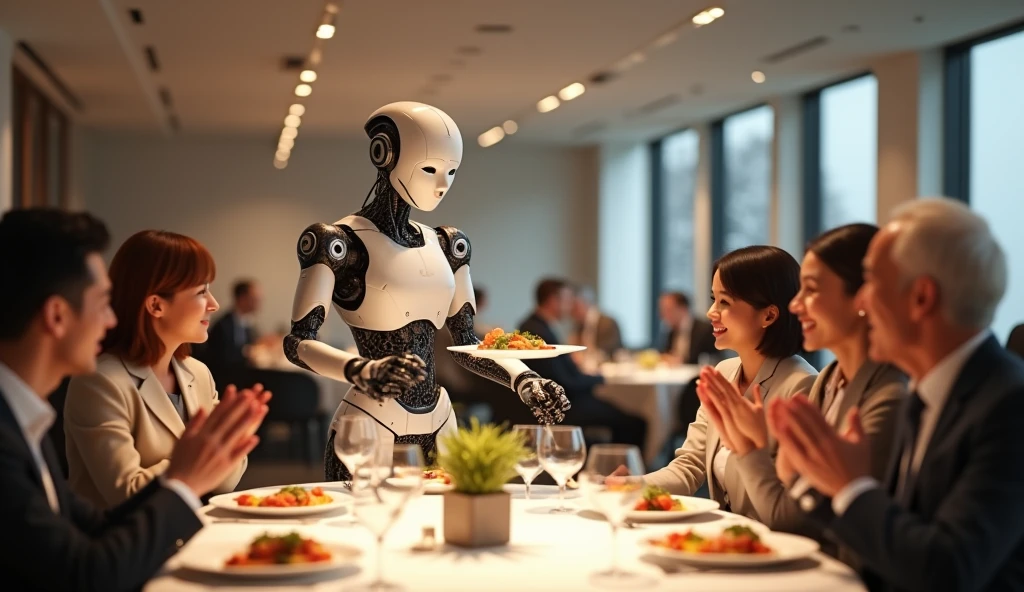 A female robot recommends a new menu for the young man to try, offering him a bite of his favorite chicken."
Adding more details for a clearer picture