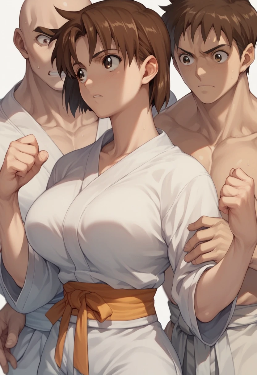 which_Kirie, brown hair, short hair, brown eyes　Big Breasts　Judo　Judo Hall　Submission　Overuse 　bald boy　Throwing Techniques