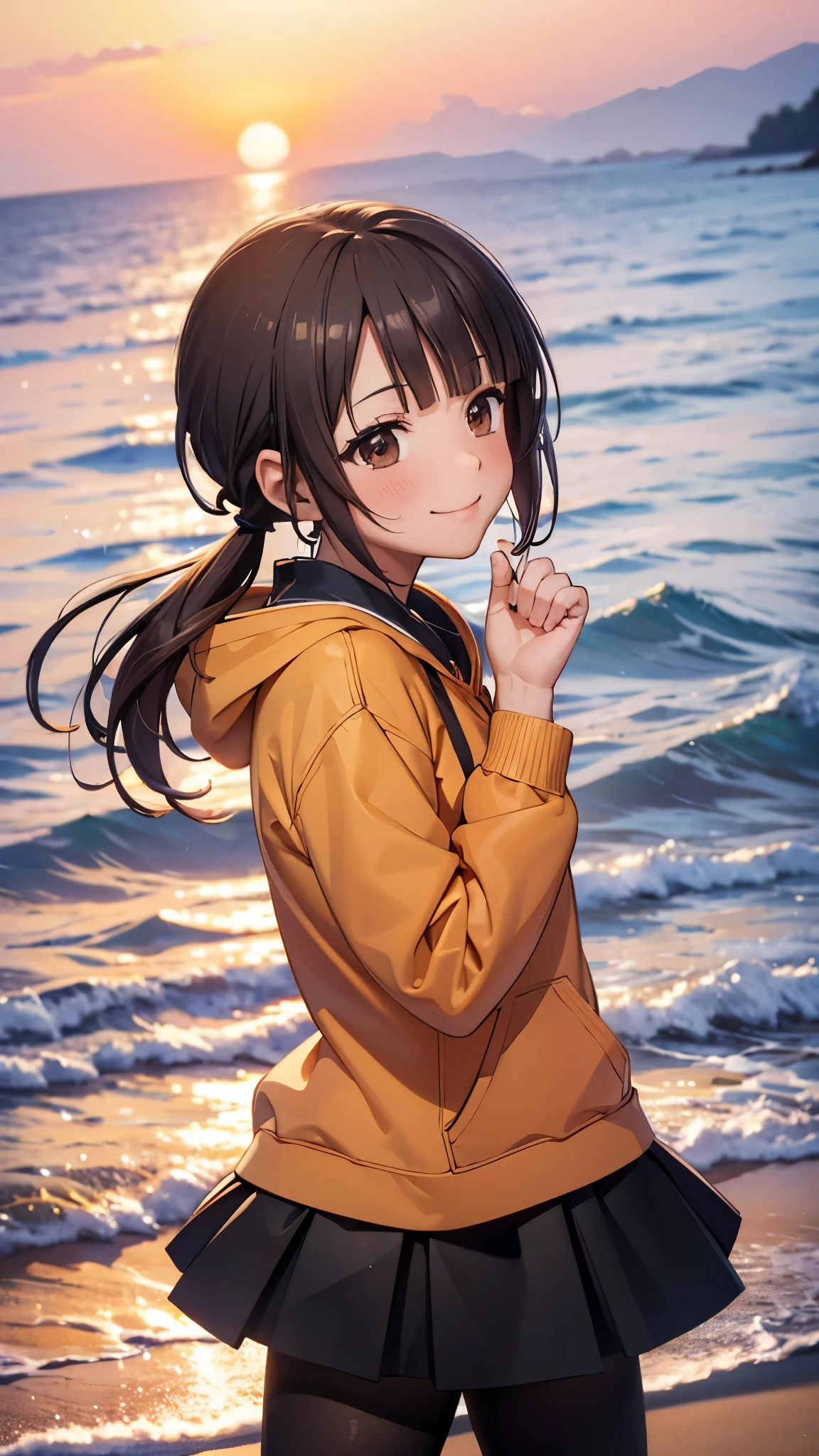 (16k, super high resolution, top quality,masterpiece, very detailed, very clear ),okitasawa,low twintale  ,orange large size hoodie,black mini skirt, pantyhose,  anatomically correct body  , looking at the camera, very detailed facial features,  beautiful and perfect face,(close eyes:1.3),(happy smile:1.3),Sunset sky,Evening summer and winter seashore,((portrait shot:1.3)),sea, sandy beach, looking at the camera, Front Angle,The setting sun,red cheek:1.3