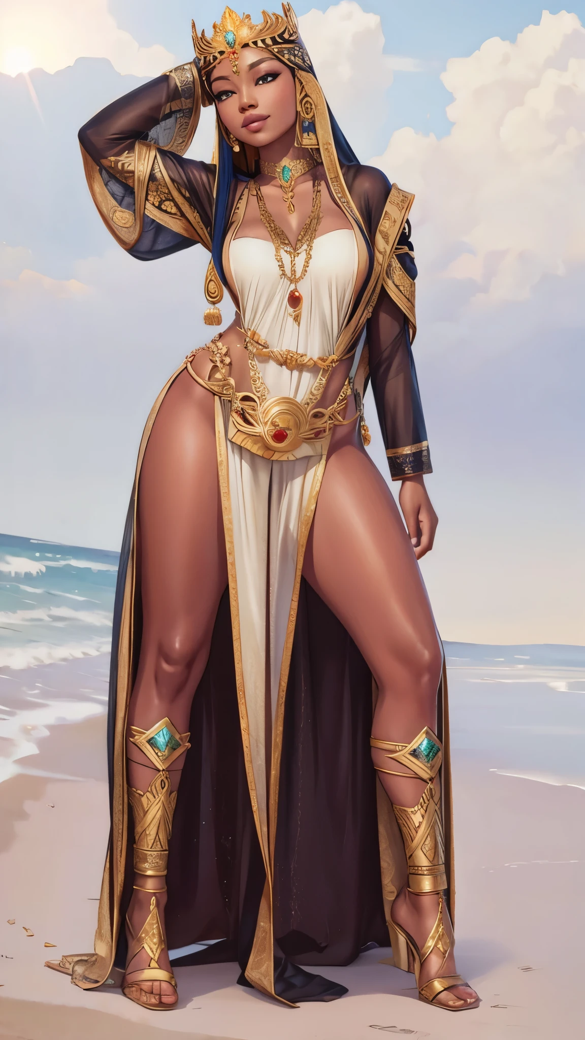 Two long thighs, yellow eyes, blonde hair, short hair, large breasts, detached sleeves, very white background, royal tiara, long cape, yellow tiger bikini, high heels, hands on hips. red tattoo on belly navel, full body female MILF BIMBO, lustful smirking smile face (red blush), metal shoulders, golden bracers sleeveless, black choker sex slave