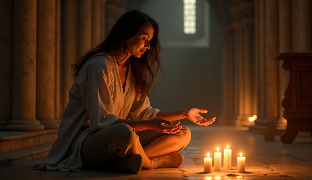 Inside the cave lit by candlelight