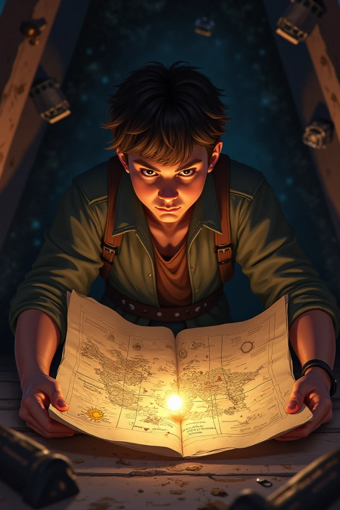 Image from a children's book (Luke finds the old map during one of his (dives into the seabed)( of the hidden treasure) on( seabed )