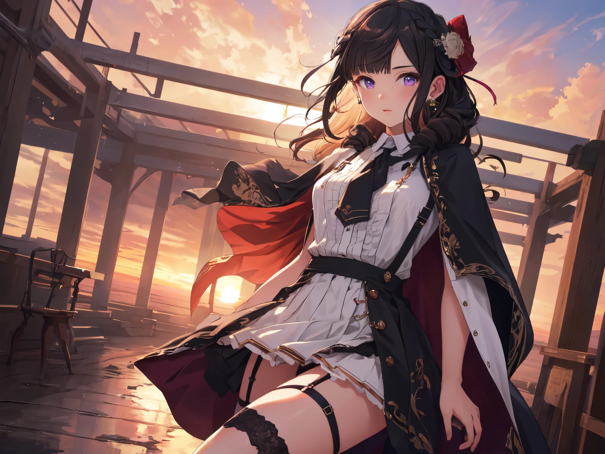 Solo, 1 Girl, (Human Ear, Earring), (Black Hair), (Sexy Pose), (Sexy Expression), (Hair Accessories), (Suspenders, Garter Belt Stockings, Skirt, Cloak, Robe), (Sunset Sky, Sunset, Evening Sky), (Focus on Breasts), (High Resolution, Masterpiece, Accurate, Anatomically Correct, Multiple Award Winning Condition, Top Quality, Detailed, High Quality Model, High Quality, Retina, Highly Detailed Condition, Ultra High Resolution).