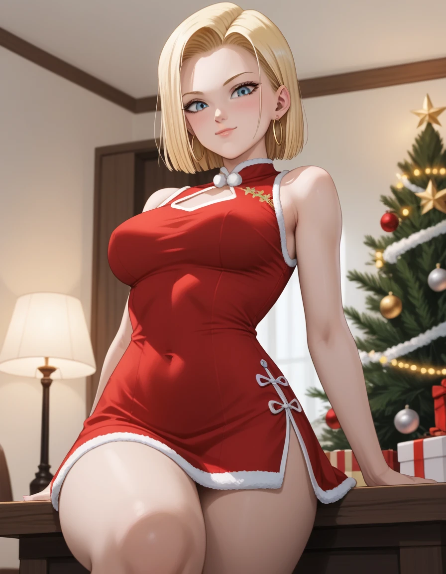 sysdeep_android18, android 18, blonde hair, blue eyes, eyelashes, hoop earrings, short hair, earrings, photorealistic, detailed coloring, anime style, detailed high quality, chromatic aberrations, ultra detailed quality skin, detailed ray tracing lighting,, masterpiece、 best quality、masterpiece, high definition , 8K quality, perfect face, solo, 1 girl, beautiful face, beautiful detailed eyes, Alone, cute face、nose blush, red cheek, large butt, looking at viewer, wearing a smug expression, looking down, (from below), cleavage, closed mouth, standing, hair slicked back, collarbone, Staring at the viewer, (Christmas costume, Cheongsam, mini skirt,), ass line, sitting on table, crossed legs, arm behind head, sexy pose, sensual expression, sensual pose, blurry background, covered nipples, festive decorations, twinkling lights, decorated Christmas tree, cozy indoor setting, warm color tones,