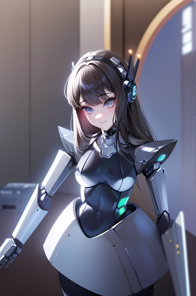 (masterpiece),(Highest quality),(Super detailed),(Best illustrations),(Best Shadow),(Absurd),(Detailed Background),(so beautiful), 16K, 8K, 4K,(Best Shadow),robotization,woman ,big bust,Robot Joint ,Metal skin,Black robot Suit,long hair,a black robot suit that covers the whole body,robot hand,cyber bodysuit,mecha head,(Detailed hands and fingers:1.2),Ball joint robot body,doll joint,beautiful face,beautiful robot girl,robotic eye,robotic hands,(no more human skin),android girl,cyborg girl,F cup, sexy body,(machine made joints:1.2),(machanical limbs:1.1),(blood vessels connected to tubes),(mechanical vertebra attaching to back),(mechanical cervial attaching to neck),no messy picture style,no emotion,tech control,black robot suit,maintenance,smile,antenna,highleg,leotard