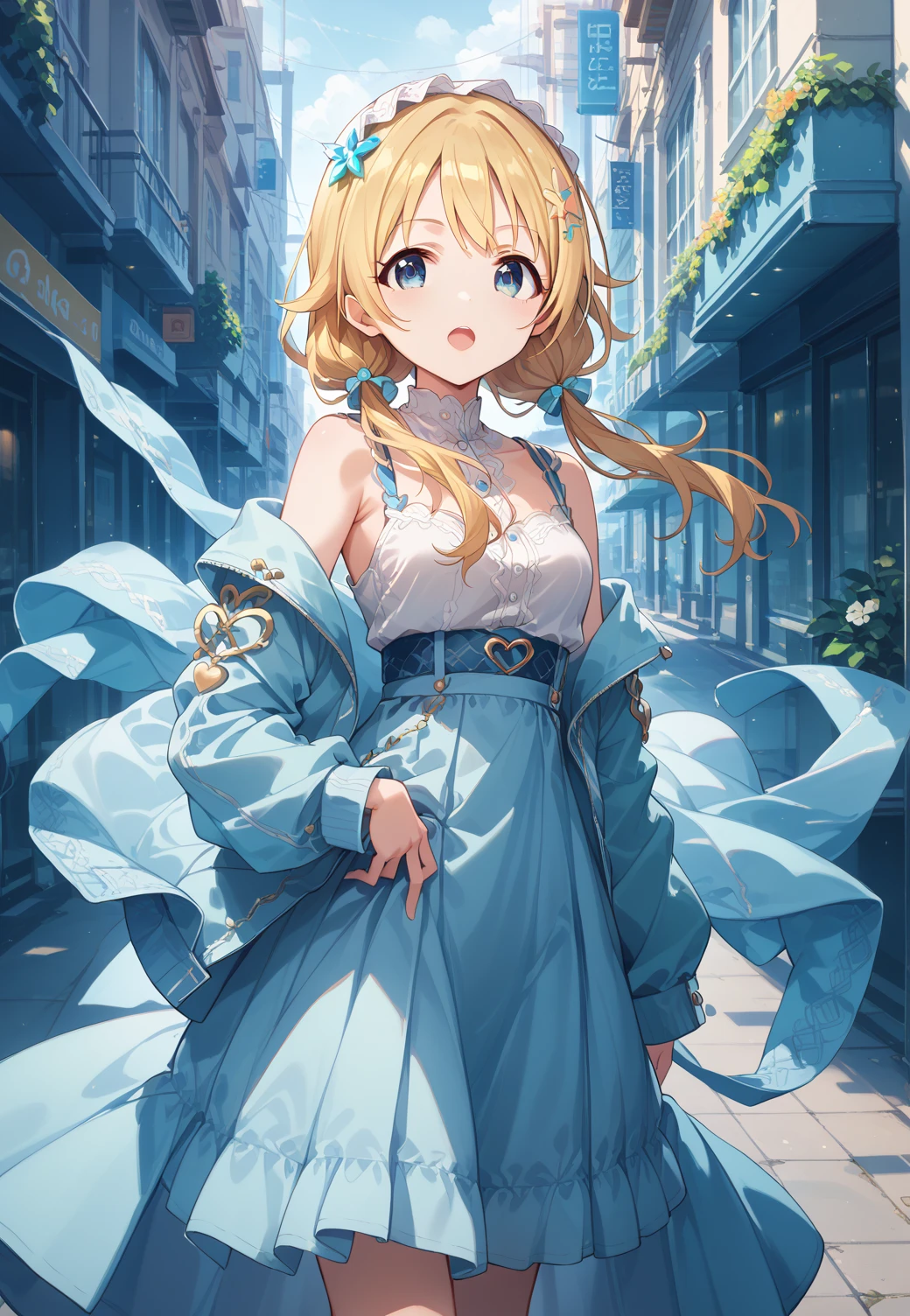 official style, hachimiya meguru, idolmaster shiny colors, very aesthetic, best quality, intricate, overall detail, 1 girl, blue eyes, standing, low twintails, open mouth